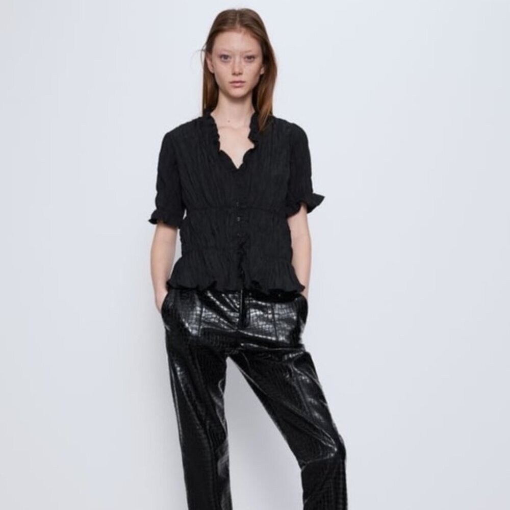 Zara Black Pleated Stretch Button Down Short Sleeve Blouse, NWT, S